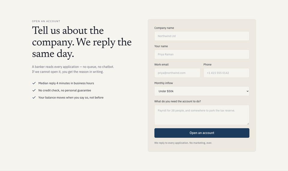 Quiet Ledger template — Open an account section