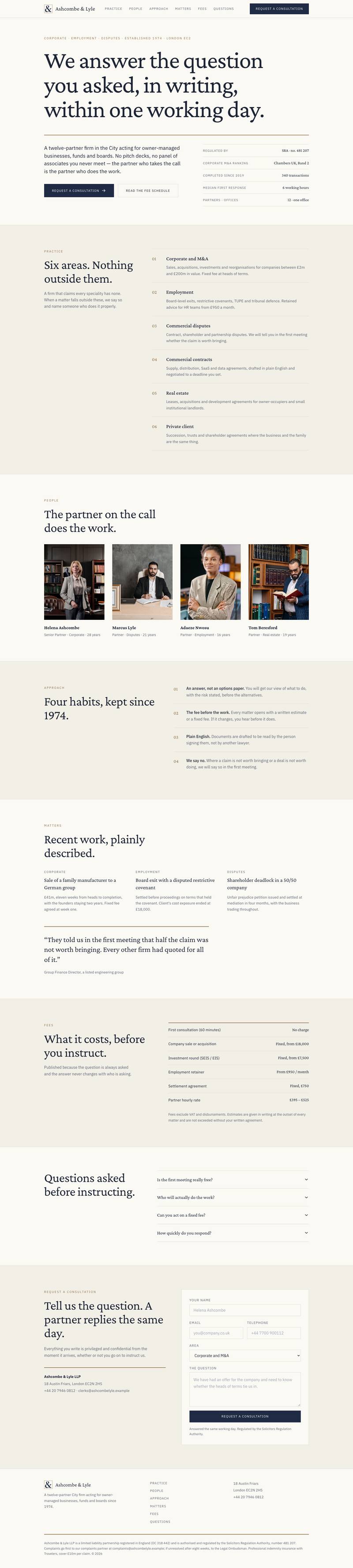 Counsel Practice template, the whole page on desktop