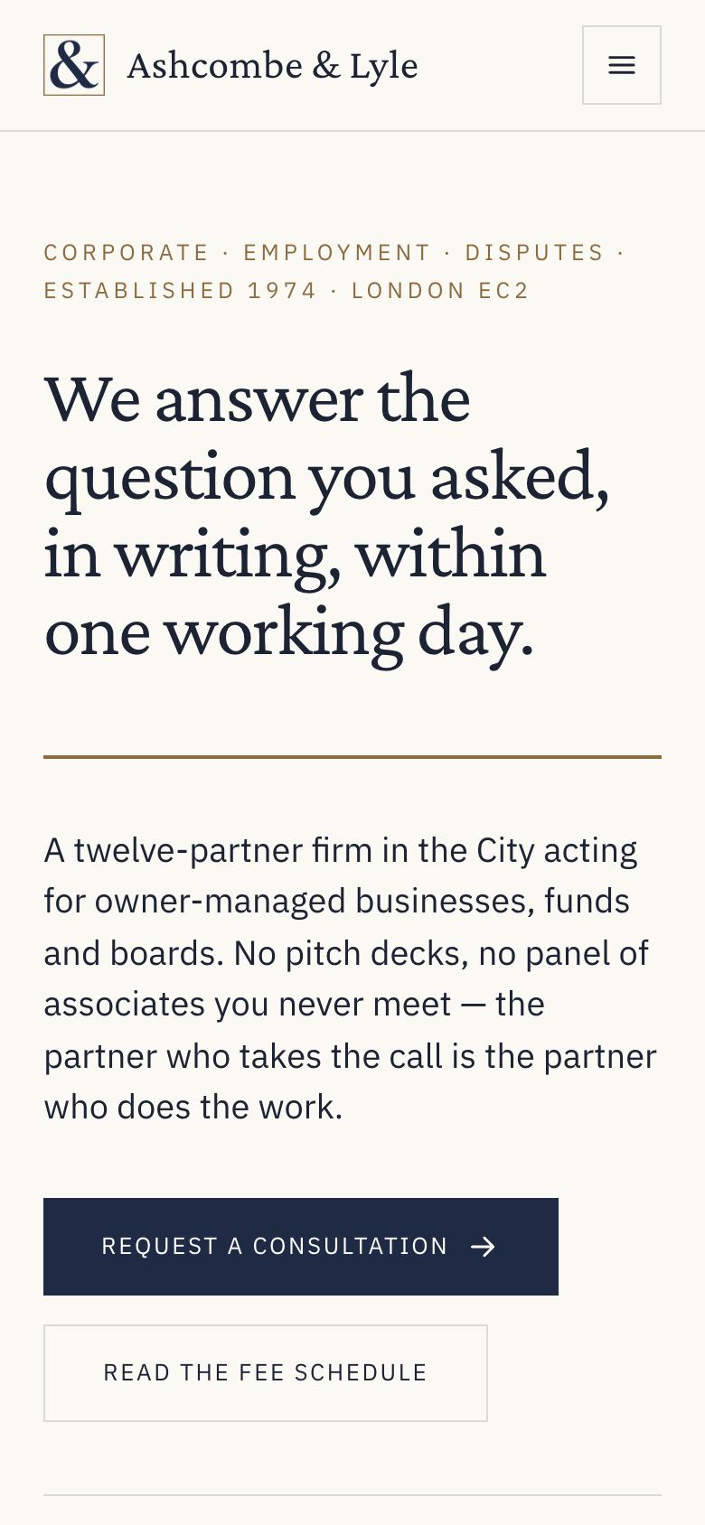 Counsel Practice landing page template on a phone