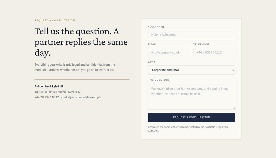 Counsel Practice template — Request a consultation section