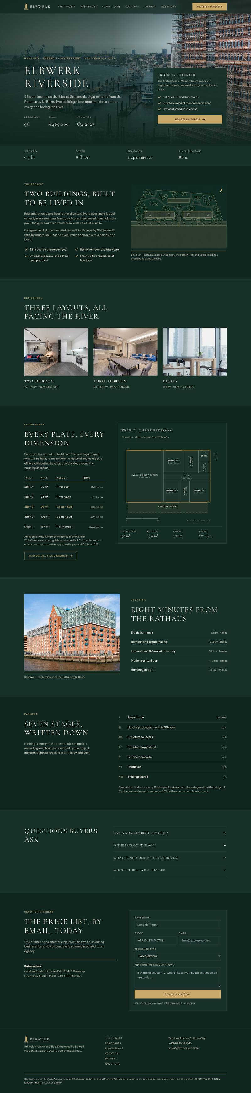 Residence Launch template, the whole page on desktop