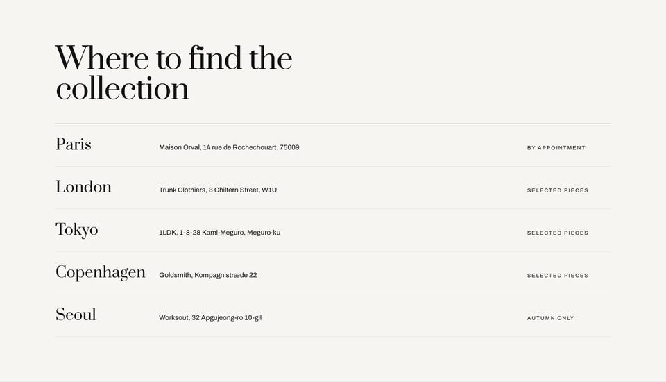 Maison Monochrome template — Stockists section