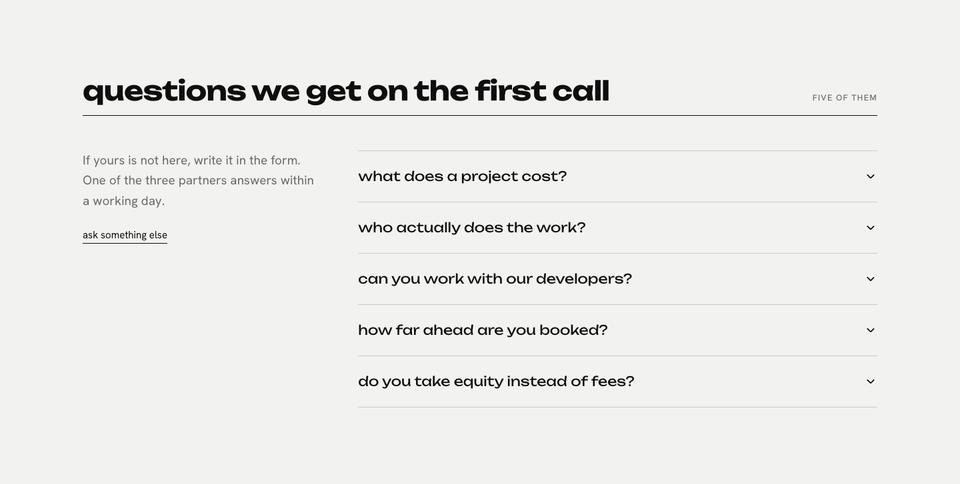 Studio Index template — Questions we get on the first call section