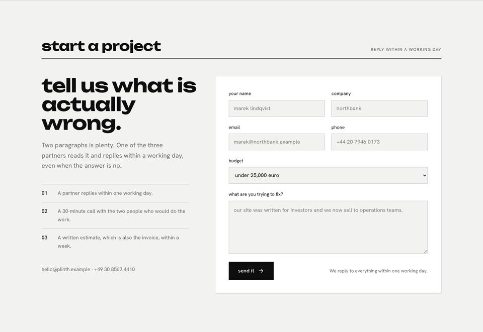 Studio Index template — Start a project section