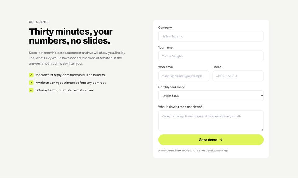 Lime Ledger template — Get a demo section