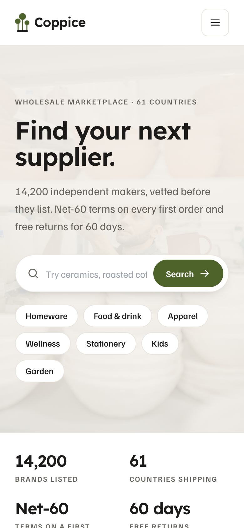 Wholesale Marketplace landing page template on a phone