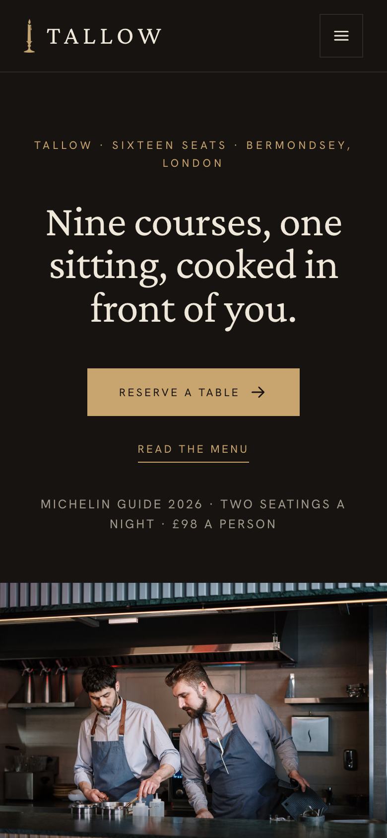 Chef's Table landing page template on a phone