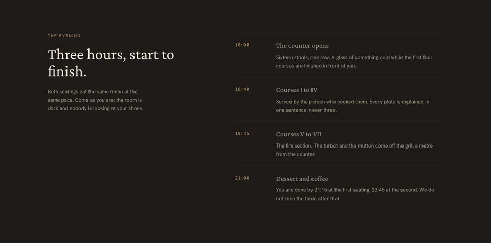 Chef's Table template — The evening section