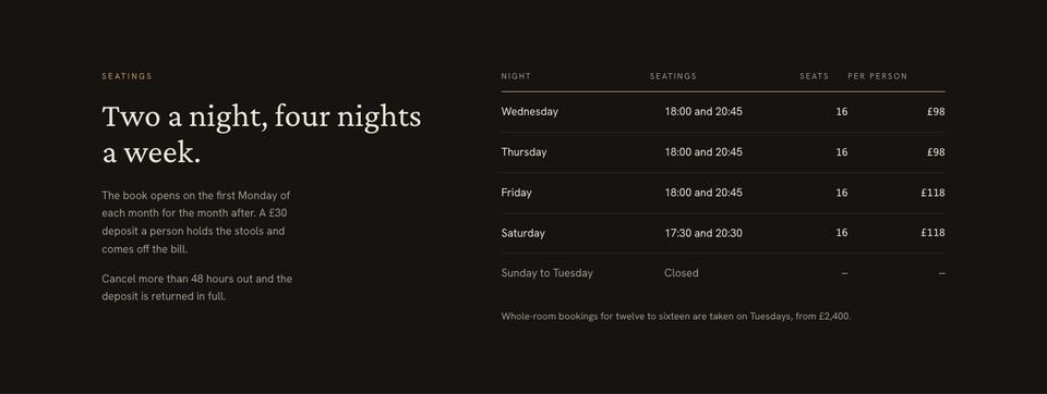 Chef's Table template — Seatings section