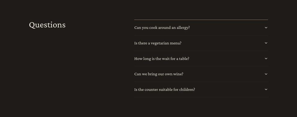 Chef's Table template — Questions section