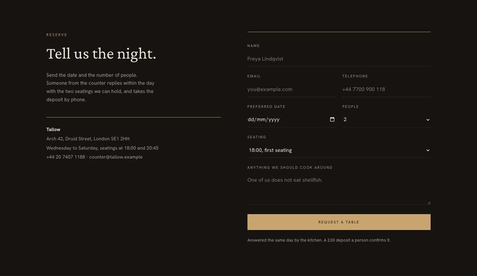 Chef's Table template — Reserve section