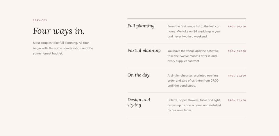 Wedding Atelier template — Services section