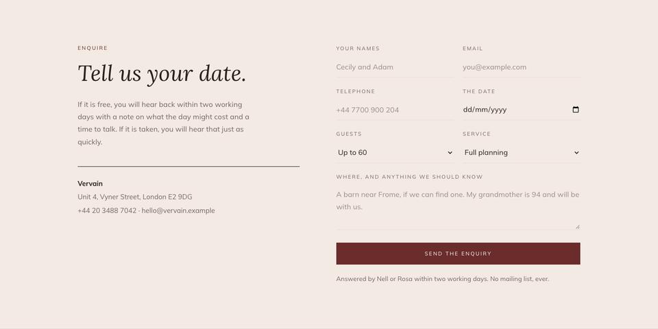 Wedding Atelier template — Enquire section