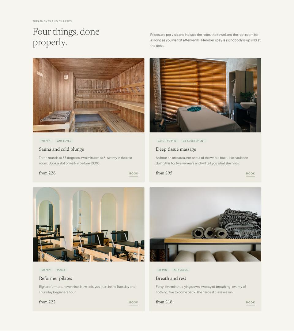 Still Wellness template — Treatments and classes section