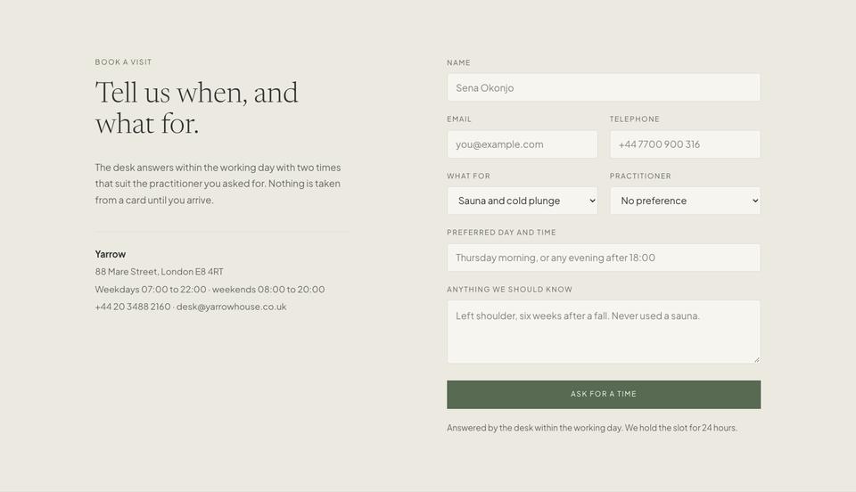 Still Wellness template — Book a visit section