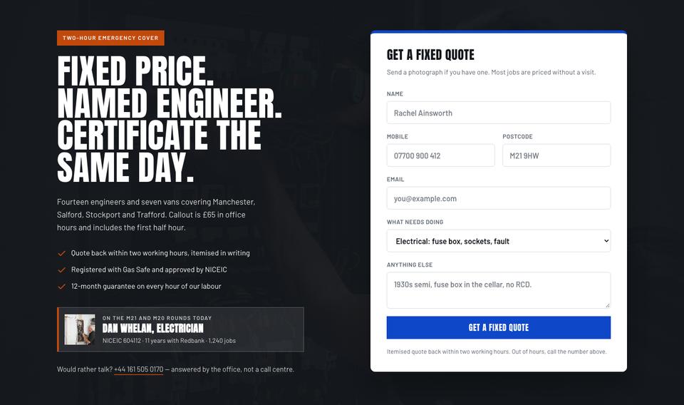 Trade Shopfront template — Hero section