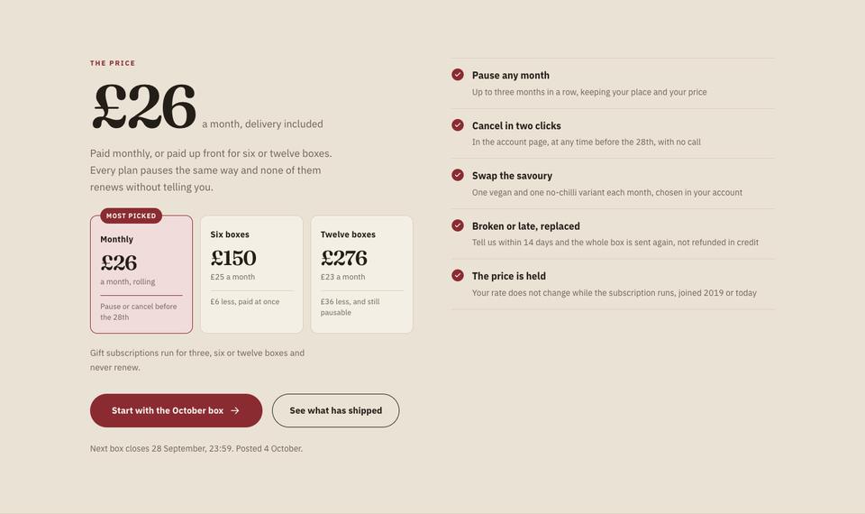 Recurring Box Subscription template — The price section