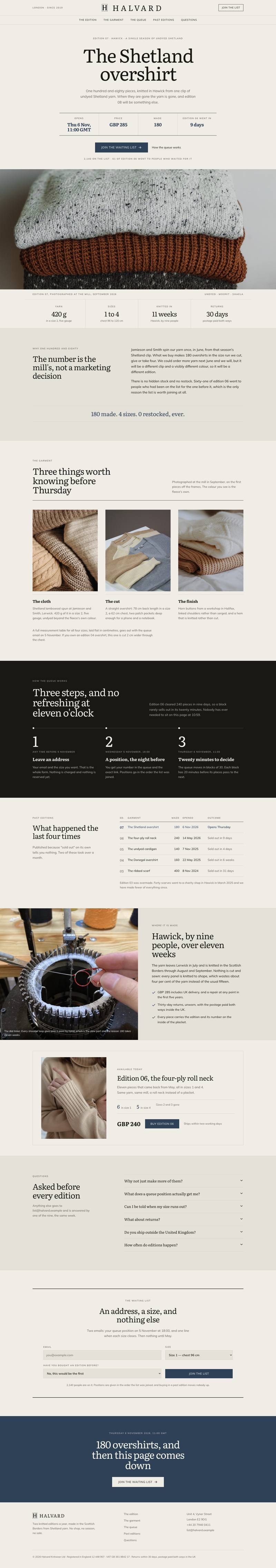 Waitlist Drop template, the whole page on desktop