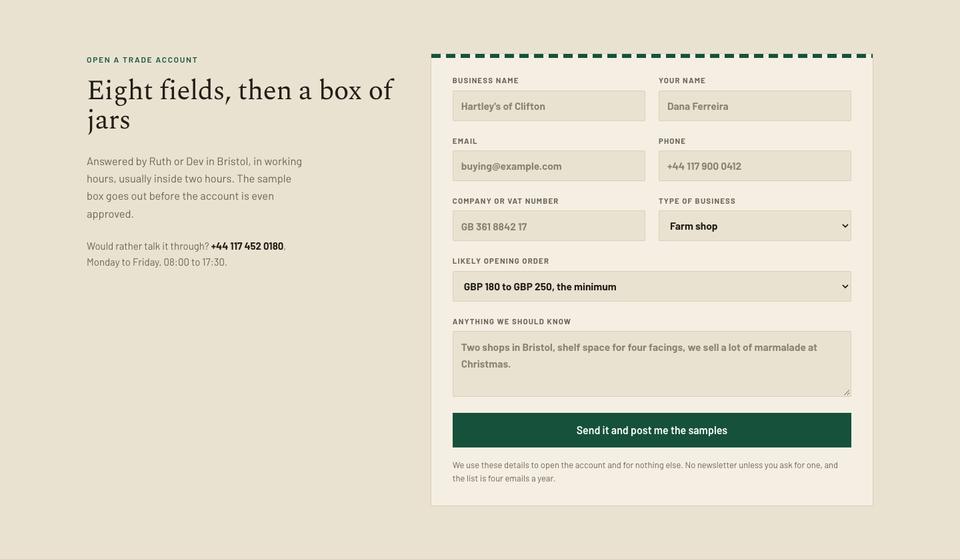 Wholesale Trade template — Open a trade account section