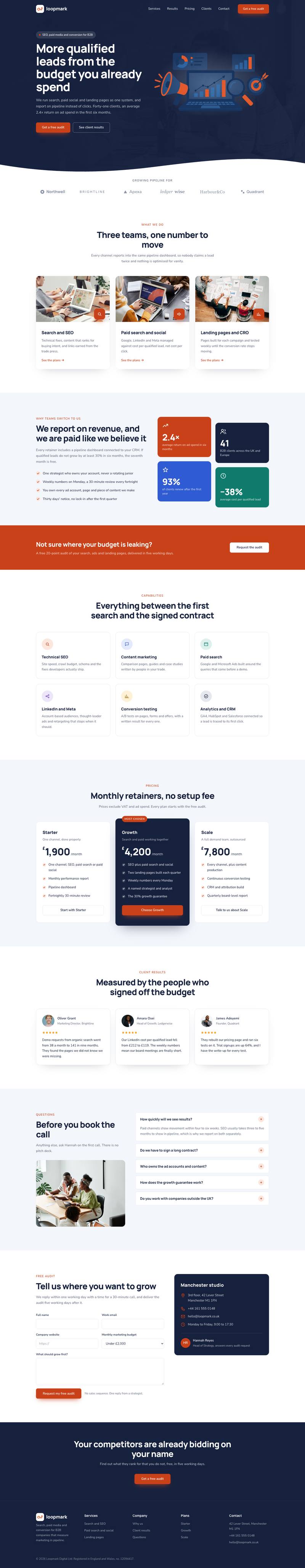 Growth Agency template, the whole page on desktop