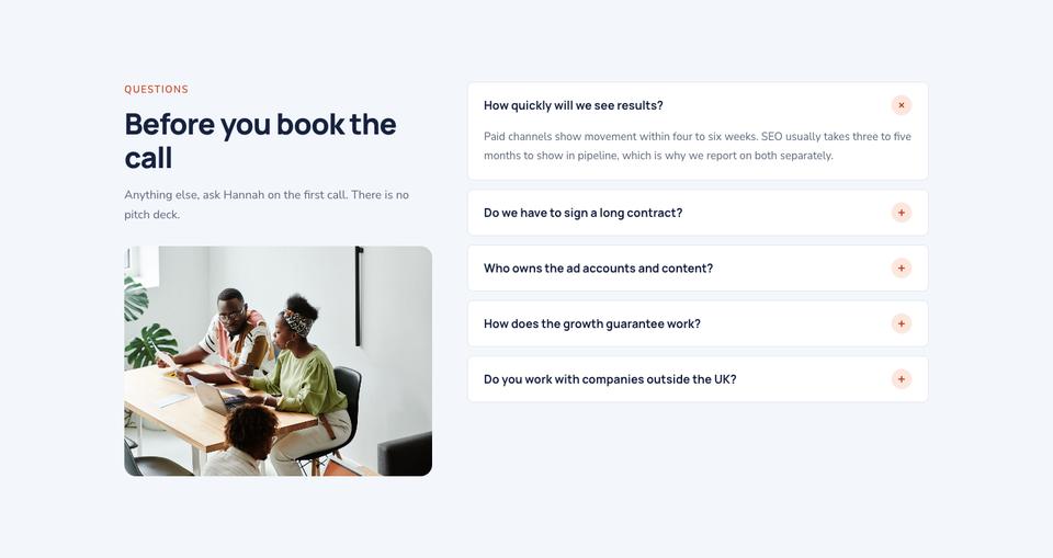 Growth Agency template — Questions section