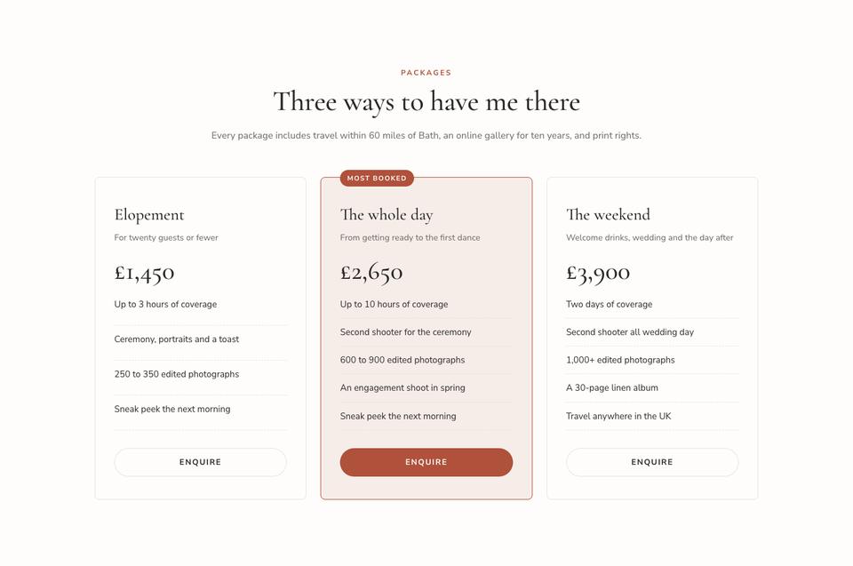 Wedding Photographer template — Packages section