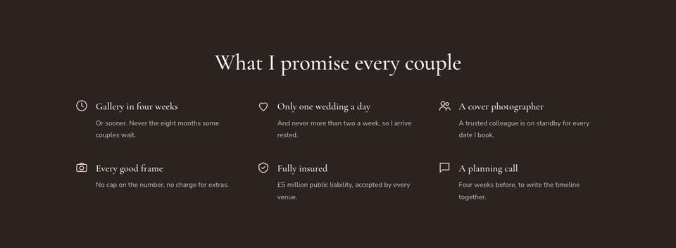 Wedding Photographer template — Promises section