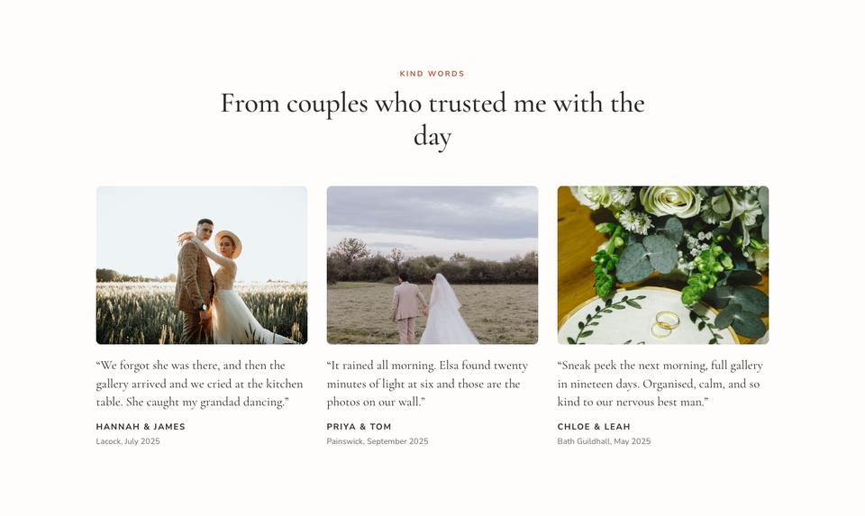 Wedding Photographer template — Kind words section