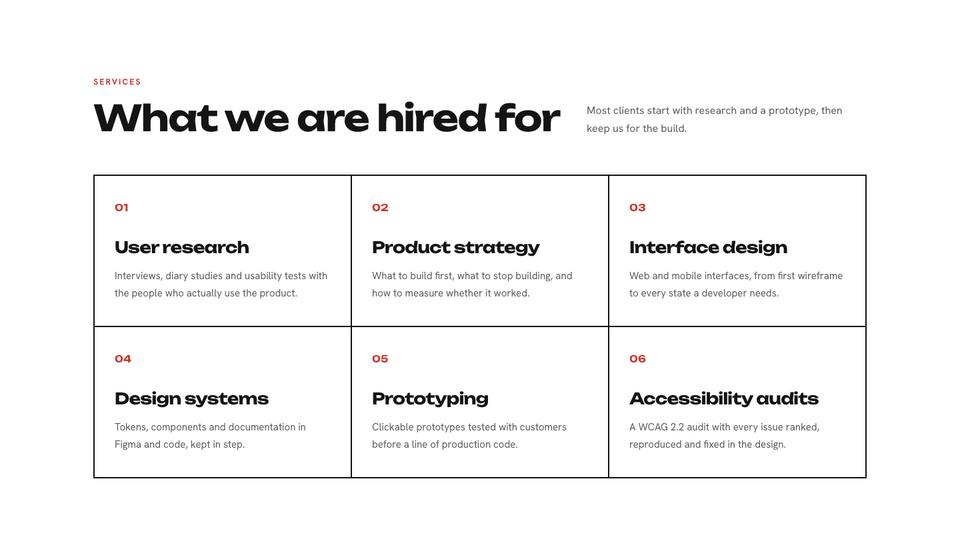 Product Design Studio template — Services section