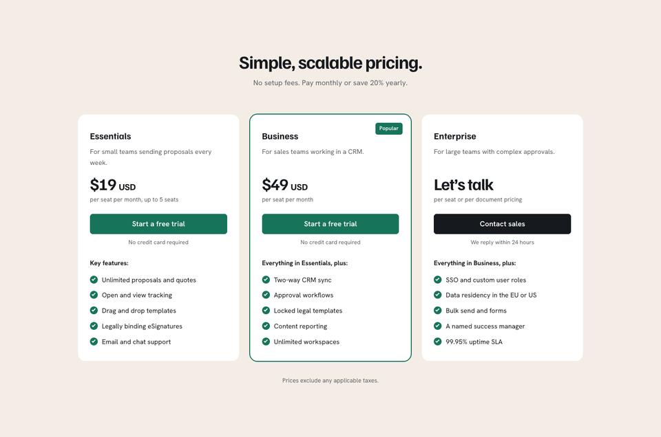 Warm B2B Workflow template — Pricing section