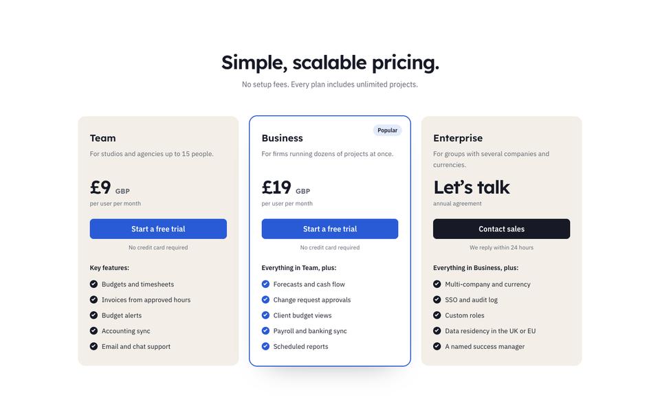 Project Finance Dashboard template — Pricing section