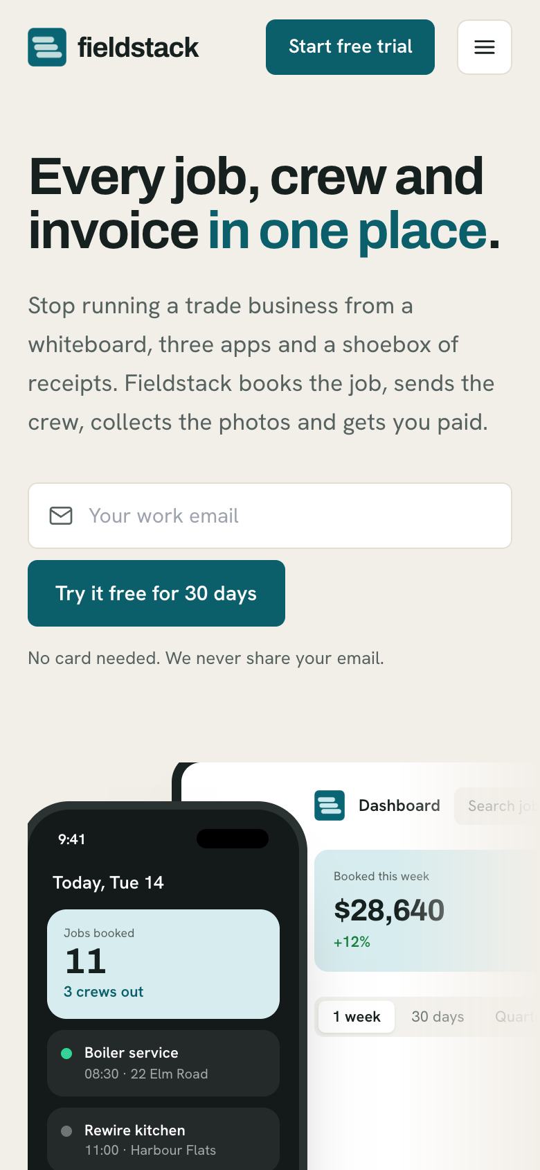 Trade Operations Suite landing page template on a phone