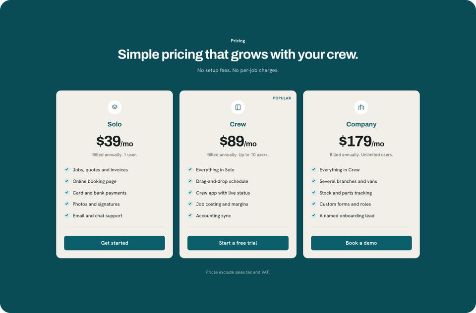 Trade Operations Suite template — Pricing section