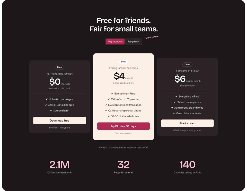 Video Chat App template — Pricing section