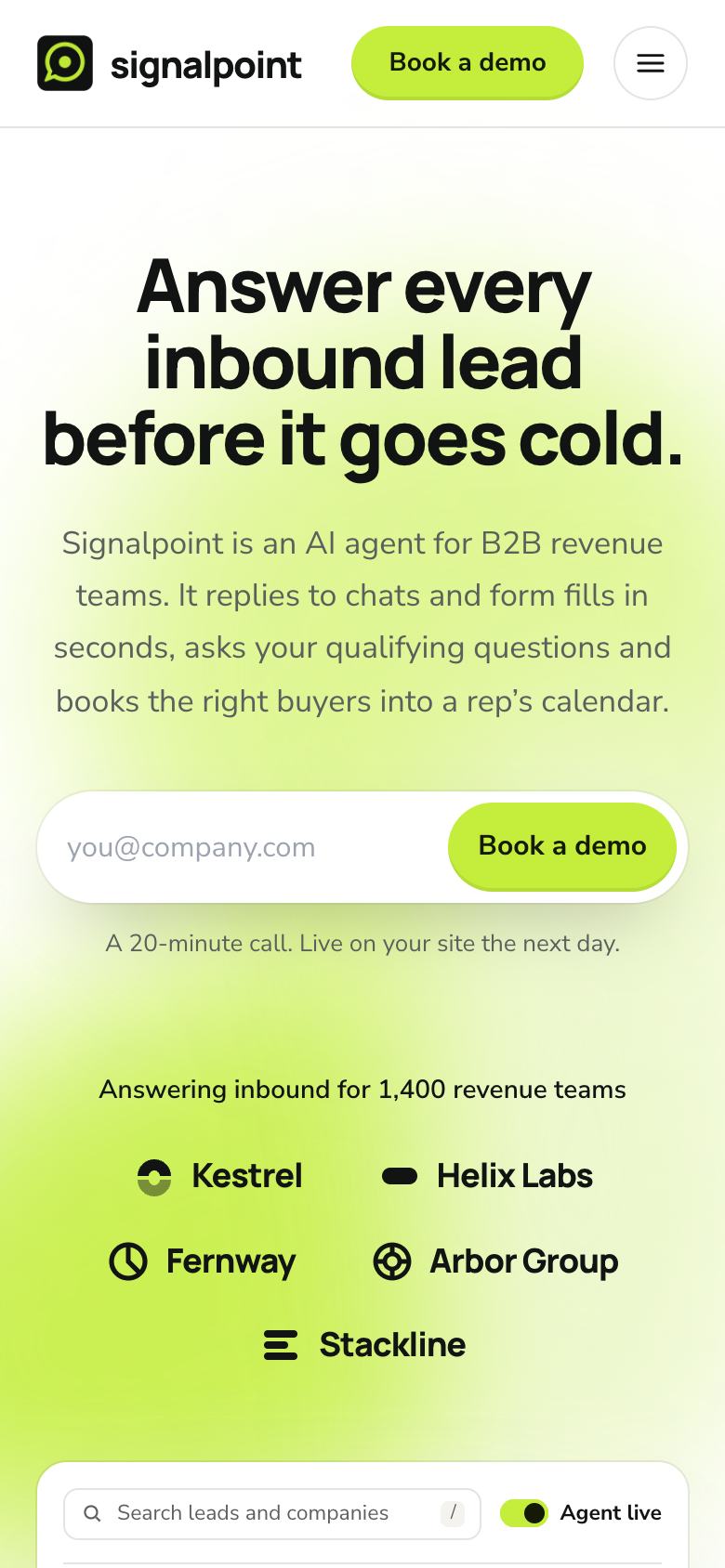 AI Inbound Agent landing page template on a phone