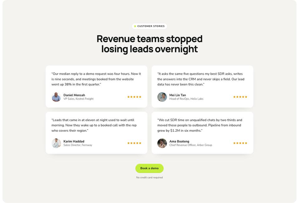 AI Inbound Agent template — Customer stories section