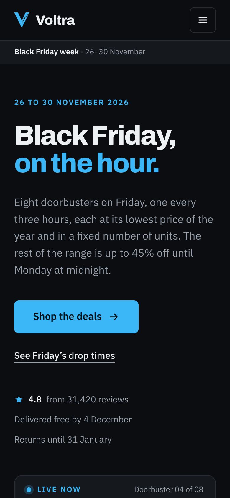Black Friday Drop Board landing page template on a phone