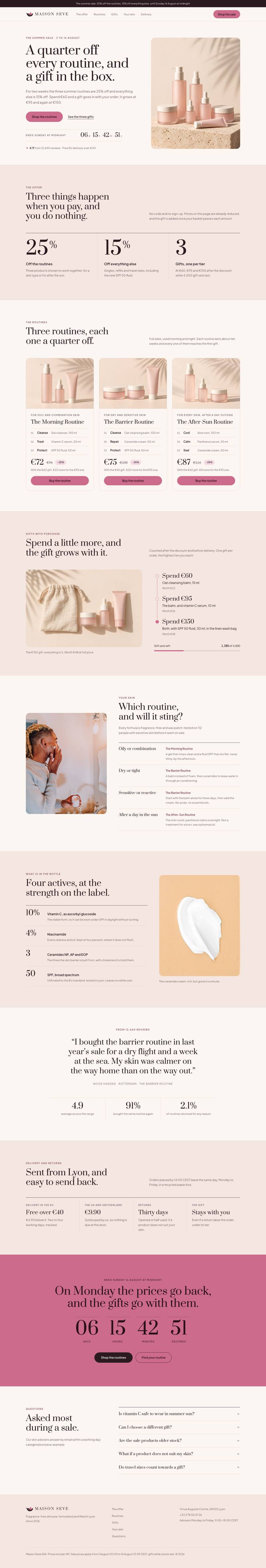 Skincare Summer Sale template, the whole page on desktop