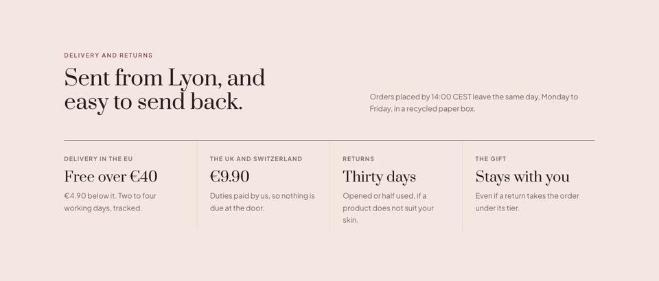 Skincare Summer Sale template — Delivery and returns section
