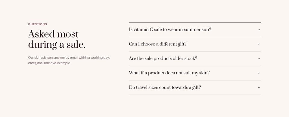Skincare Summer Sale template — Questions section