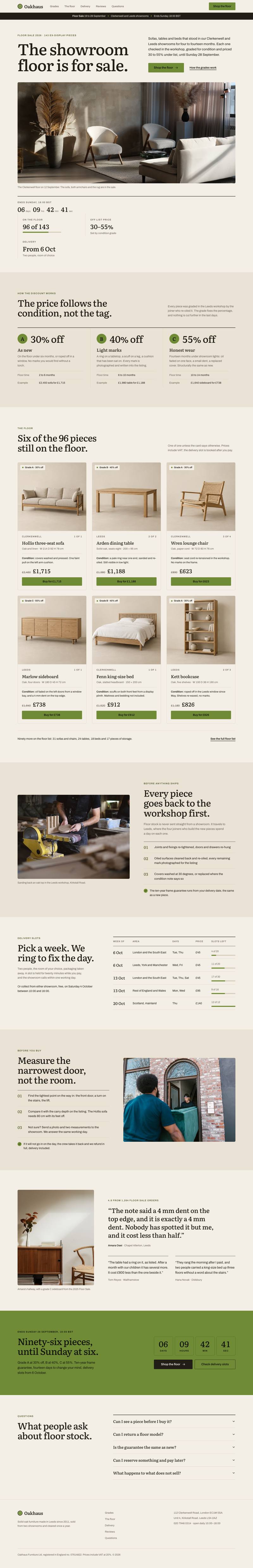 Floor Model Clearance template, the whole page on desktop