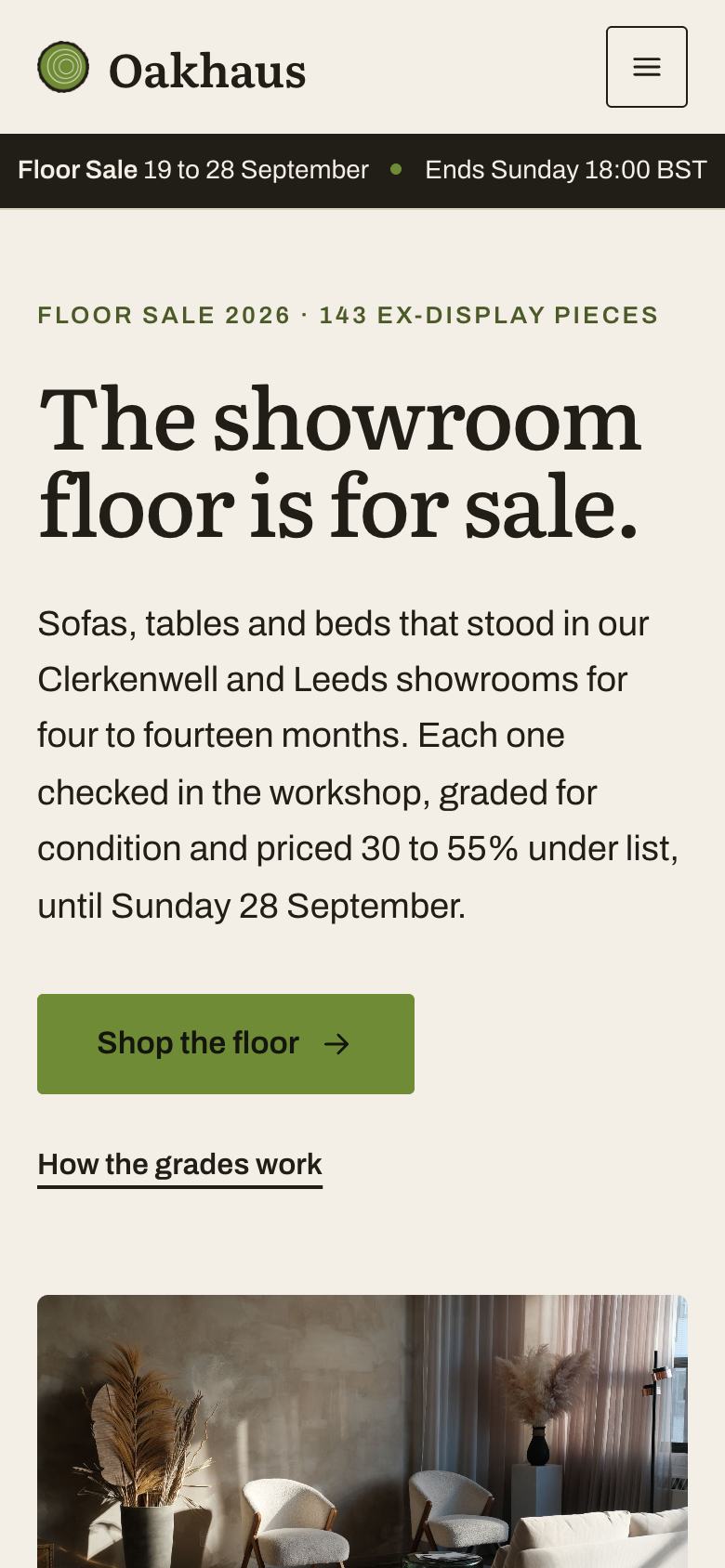 Floor Model Clearance landing page template on a phone