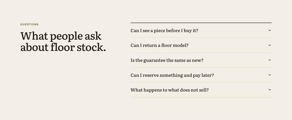 Floor Model Clearance template — Questions section