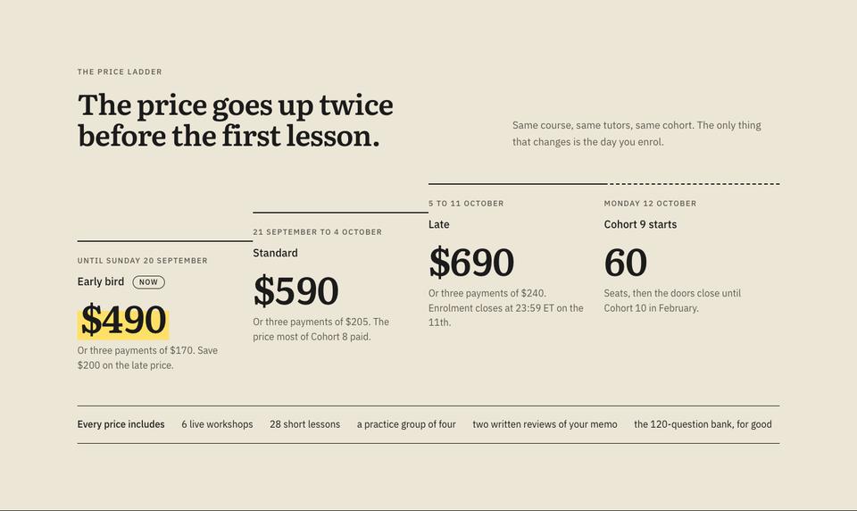 Course Early-Bird Enrolment template — The price ladder section