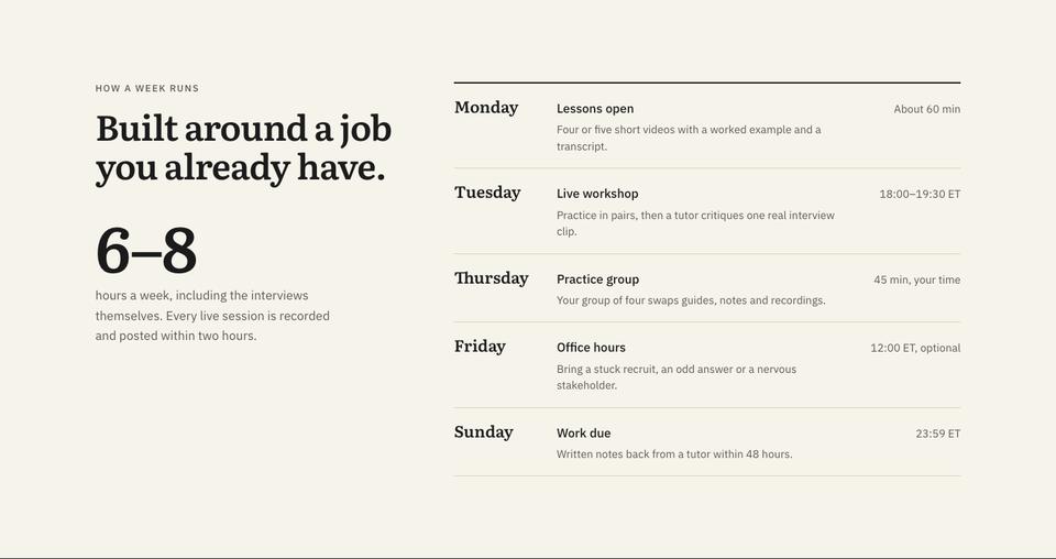 Course Early-Bird Enrolment template — How a week runs section