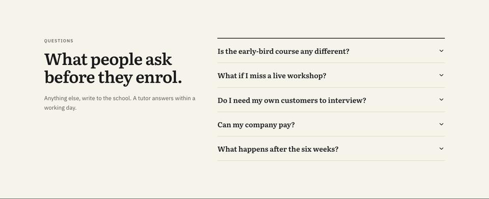 Course Early-Bird Enrolment template — Questions section