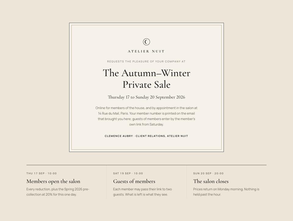 Private Salon Sale template — The invitation section