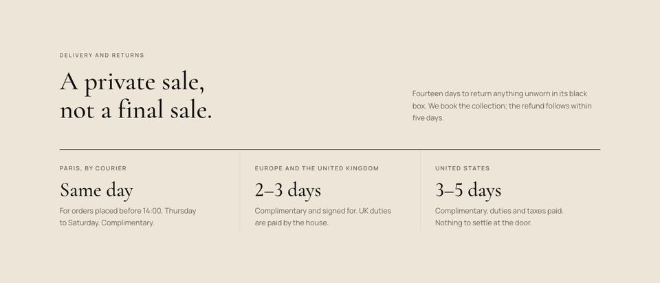Private Salon Sale template — Delivery and returns section