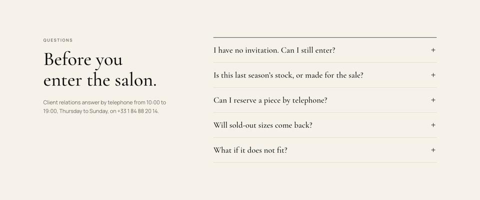 Private Salon Sale template — Questions section