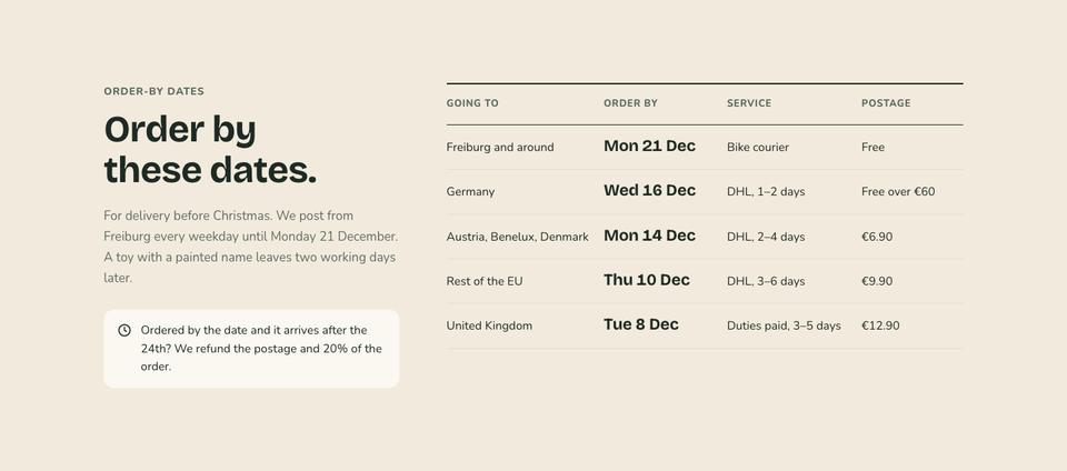 Holiday Gift Sale template — Order-by dates section